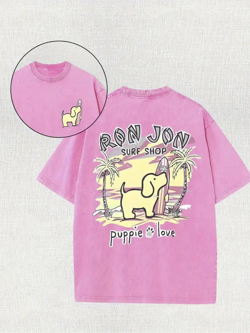 230G Washed, Fun Orange Secret Realm Printed T-Shirt